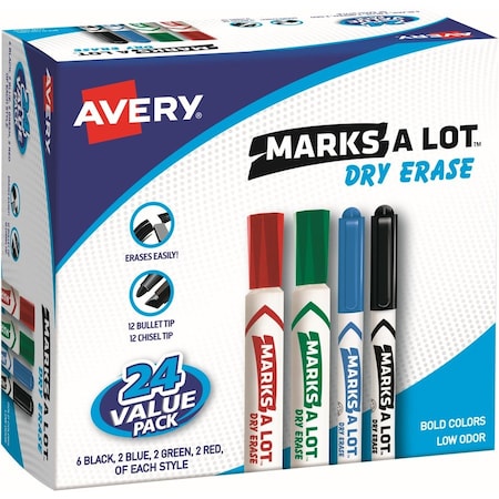 Avery Dry Erase Markers Combo Pack, Chisel/Bullet Pt, 24/BX, AST PK AVE29870